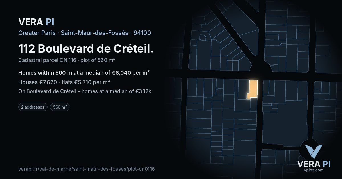 112 Boulevard de Créteil, Saint-Maur-des-Fossés at night – the plot lit, the parcels around coloured by the prices near them