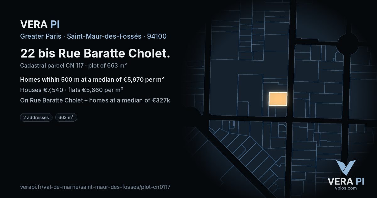 22 bis Rue Baratte Cholet, Saint-Maur-des-Fossés at night – the plot lit, the parcels around coloured by the prices near them