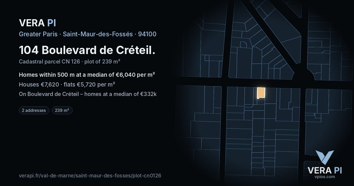 104 Boulevard de Créteil, Saint-Maur-des-Fossés at night – the plot lit, the parcels around coloured by the prices near them
