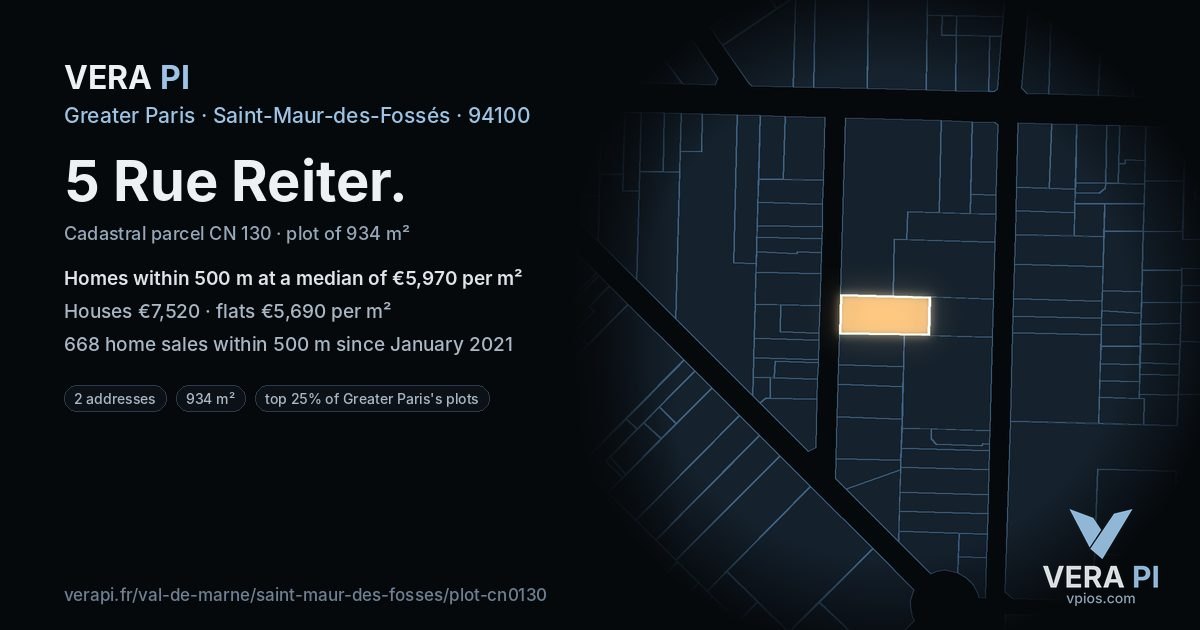 5 Rue Reiter, Saint-Maur-des-Fossés at night – the plot lit, the parcels around coloured by the prices near them