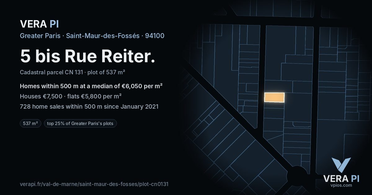 5 bis Rue Reiter, Saint-Maur-des-Fossés at night – the plot lit, the parcels around coloured by the prices near them