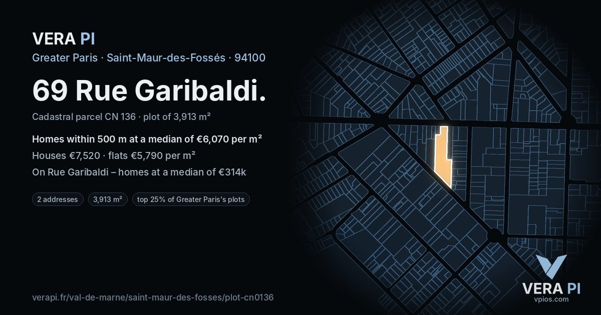 69 Rue Garibaldi, Saint-Maur-des-Fossés at night – the plot lit, the parcels around coloured by the prices near them