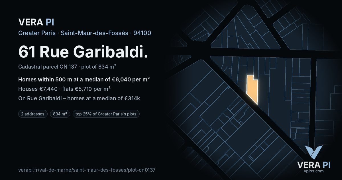 61 Rue Garibaldi, Saint-Maur-des-Fossés at night – the plot lit, the parcels around coloured by the prices near them