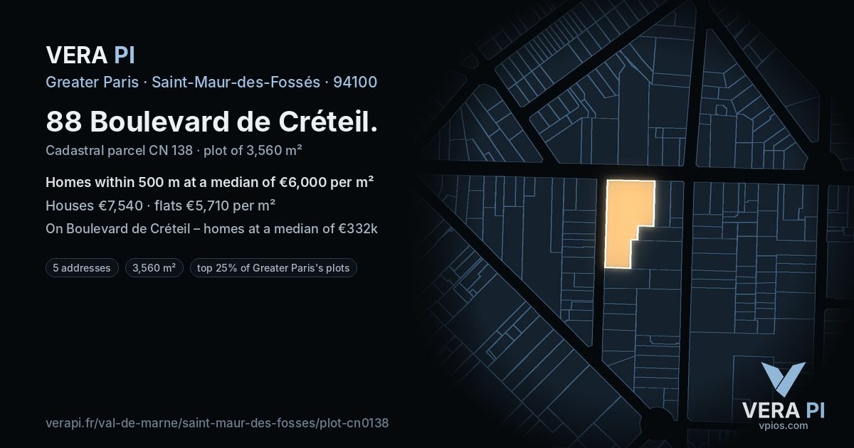 88 Boulevard de Créteil, Saint-Maur-des-Fossés at night – the plot lit, the parcels around coloured by the prices near them