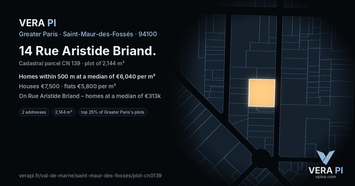 14 Rue Aristide Briand, Saint-Maur-des-Fossés at night – the plot lit, the parcels around coloured by the prices near them