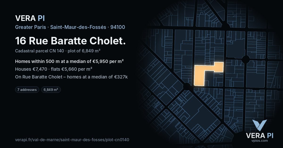 16 Rue Baratte Cholet, Saint-Maur-des-Fossés at night – the plot lit, the parcels around coloured by the prices near them