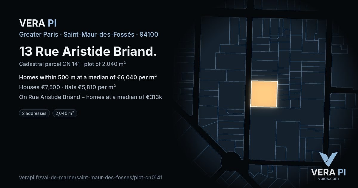 13 Rue Aristide Briand, Saint-Maur-des-Fossés at night – the plot lit, the parcels around coloured by the prices near them
