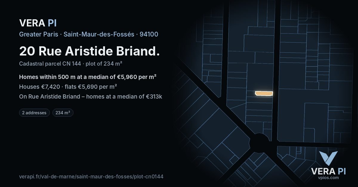 20 Rue Aristide Briand, Saint-Maur-des-Fossés at night – the plot lit, the parcels around coloured by the prices near them