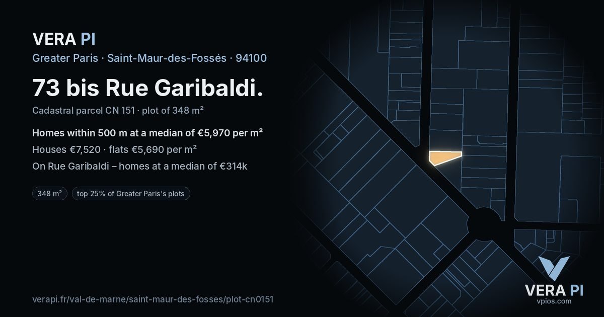 73 bis Rue Garibaldi, Saint-Maur-des-Fossés at night – the plot lit, the parcels around coloured by the prices near them
