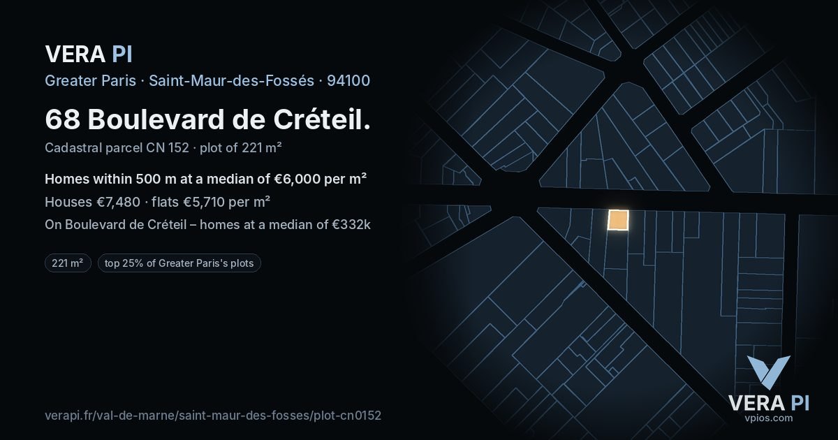 68 Boulevard de Créteil, Saint-Maur-des-Fossés at night – the plot lit, the parcels around coloured by the prices near them