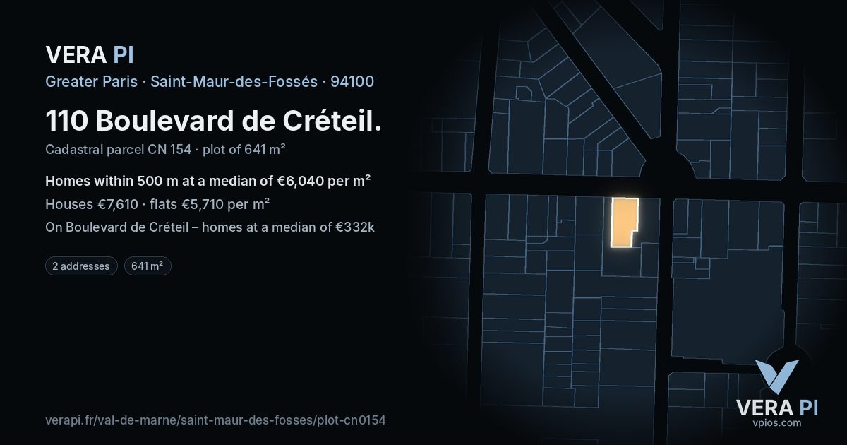 110 Boulevard de Créteil, Saint-Maur-des-Fossés at night – the plot lit, the parcels around coloured by the prices near them