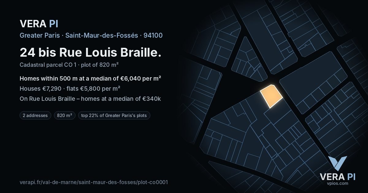 24 bis Rue Louis Braille, Saint-Maur-des-Fossés at night – the plot lit, the parcels around coloured by the prices near them
