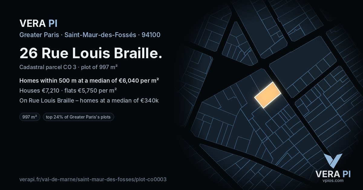 26 Rue Louis Braille, Saint-Maur-des-Fossés at night – the plot lit, the parcels around coloured by the prices near them