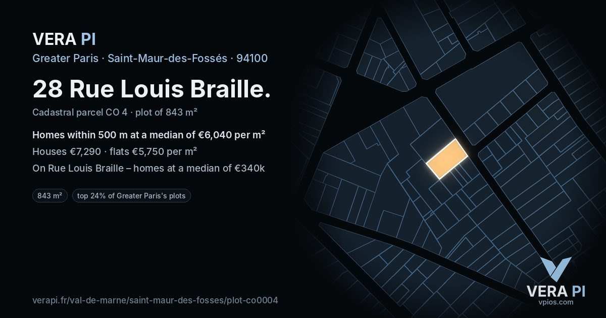 28 Rue Louis Braille, Saint-Maur-des-Fossés at night – the plot lit, the parcels around coloured by the prices near them
