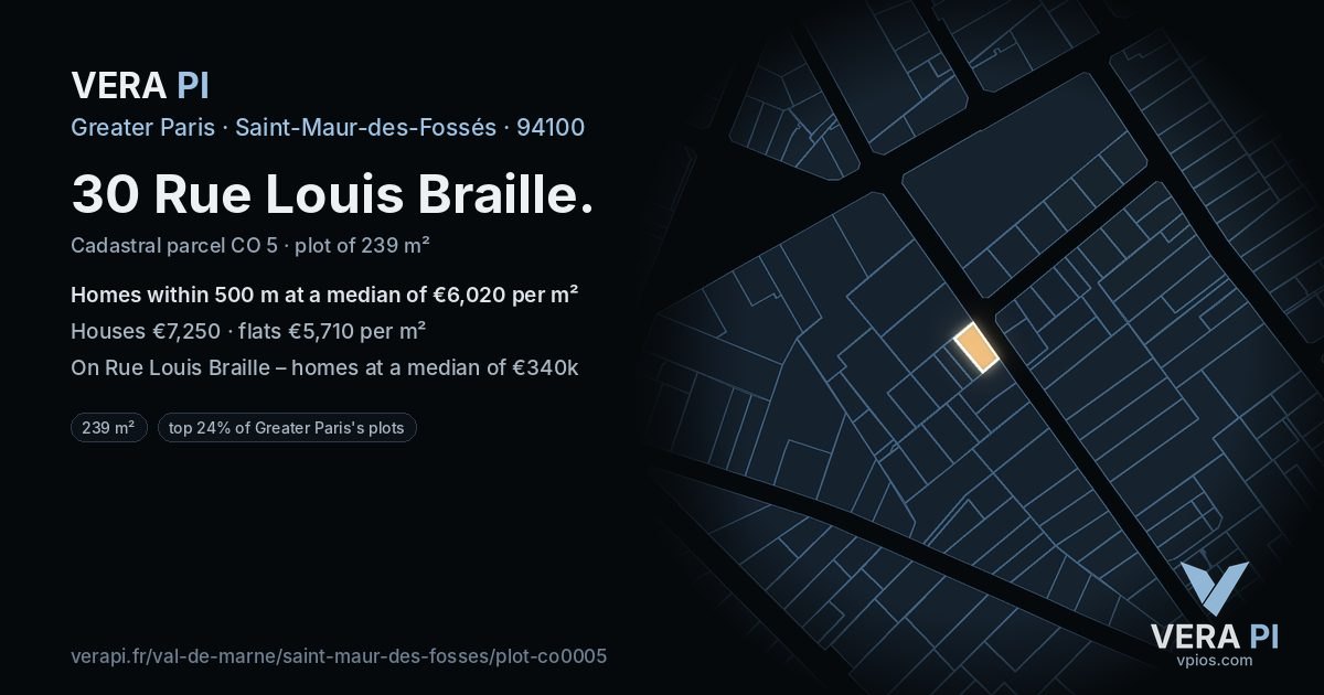30 Rue Louis Braille, Saint-Maur-des-Fossés at night – the plot lit, the parcels around coloured by the prices near them