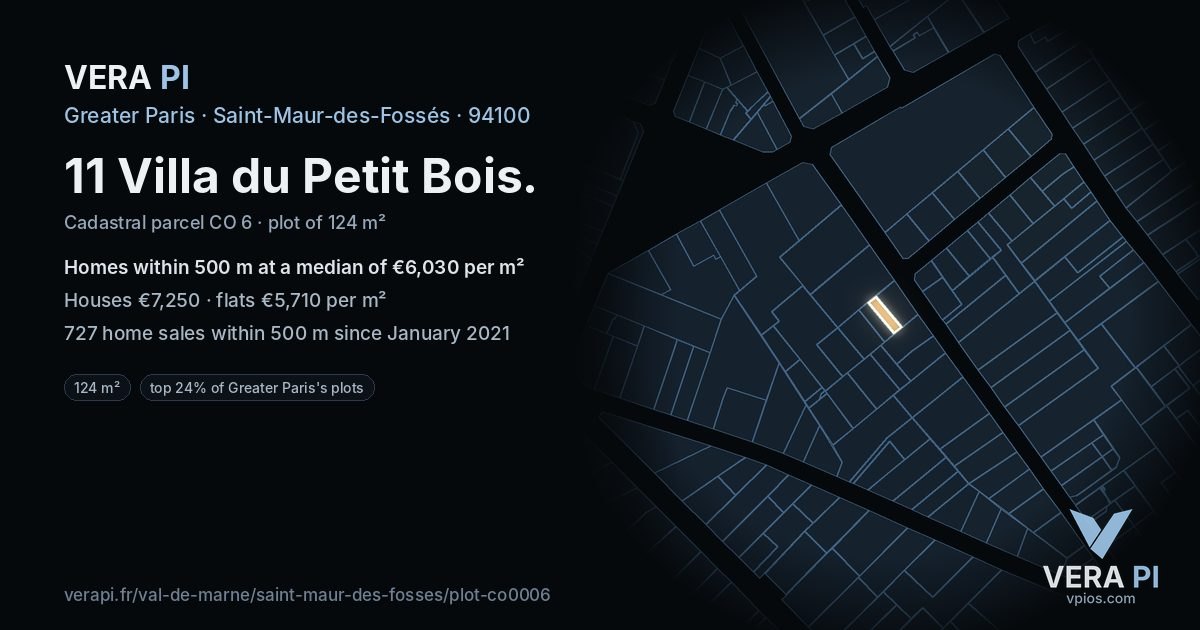 11 Villa du Petit Bois, Saint-Maur-des-Fossés at night – the plot lit, the parcels around coloured by the prices near them