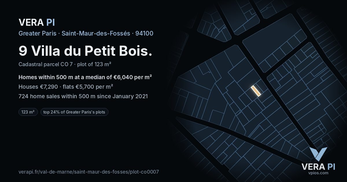 9 Villa du Petit Bois, Saint-Maur-des-Fossés at night – the plot lit, the parcels around coloured by the prices near them