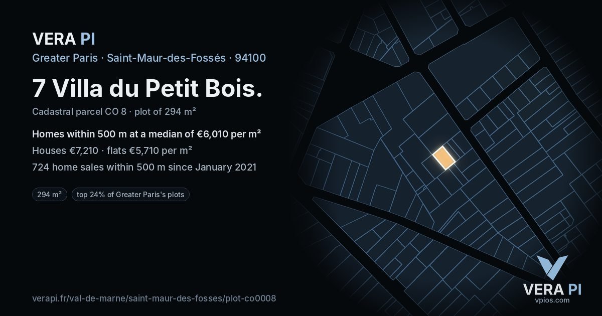 7 Villa du Petit Bois, Saint-Maur-des-Fossés at night – the plot lit, the parcels around coloured by the prices near them