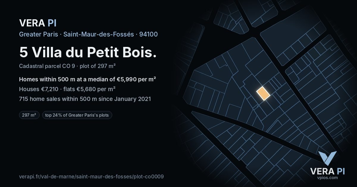5 Villa du Petit Bois, Saint-Maur-des-Fossés at night – the plot lit, the parcels around coloured by the prices near them
