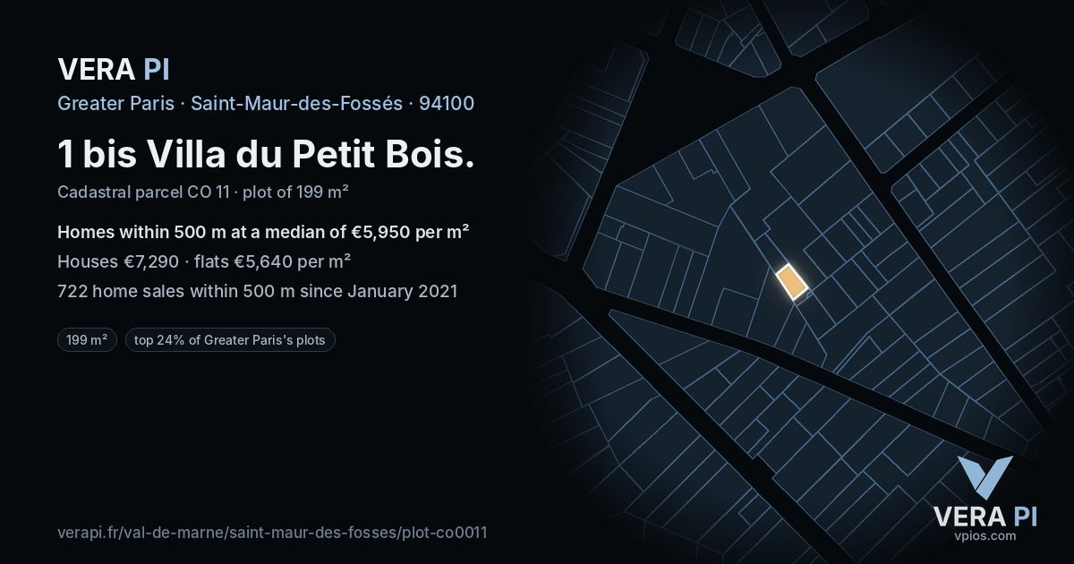 1 bis Villa du Petit Bois, Saint-Maur-des-Fossés at night – the plot lit, the parcels around coloured by the prices near them