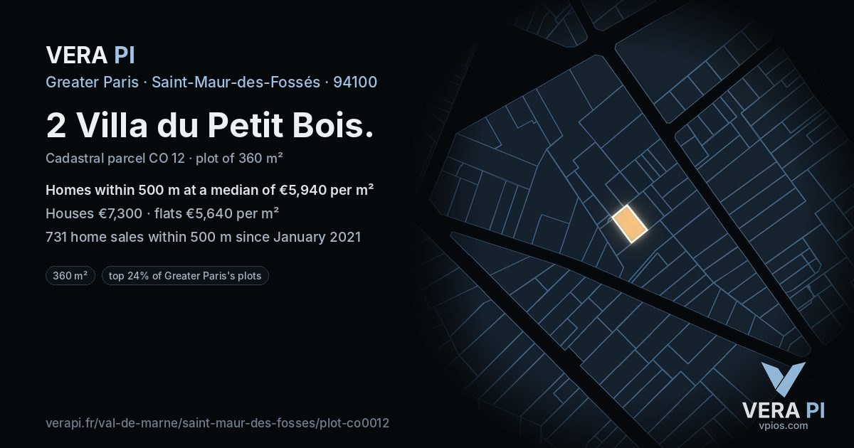 2 Villa du Petit Bois, Saint-Maur-des-Fossés at night – the plot lit, the parcels around coloured by the prices near them