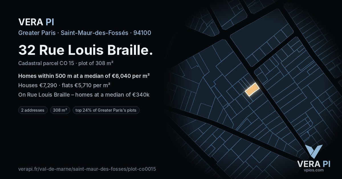 32 Rue Louis Braille, Saint-Maur-des-Fossés at night – the plot lit, the parcels around coloured by the prices near them
