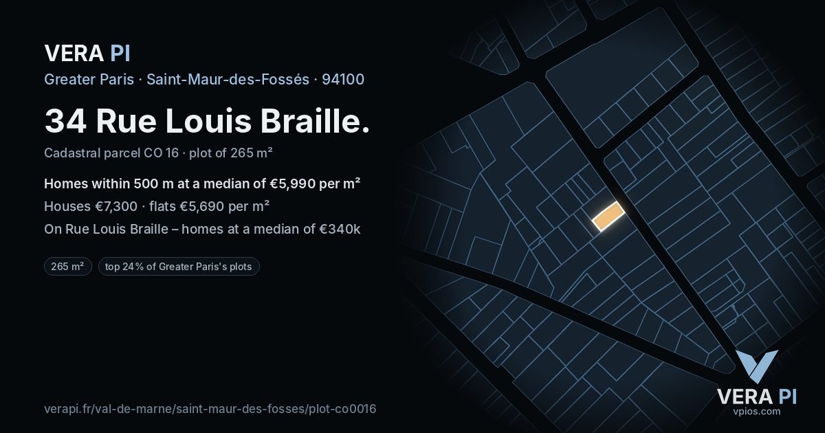 34 Rue Louis Braille, Saint-Maur-des-Fossés at night – the plot lit, the parcels around coloured by the prices near them