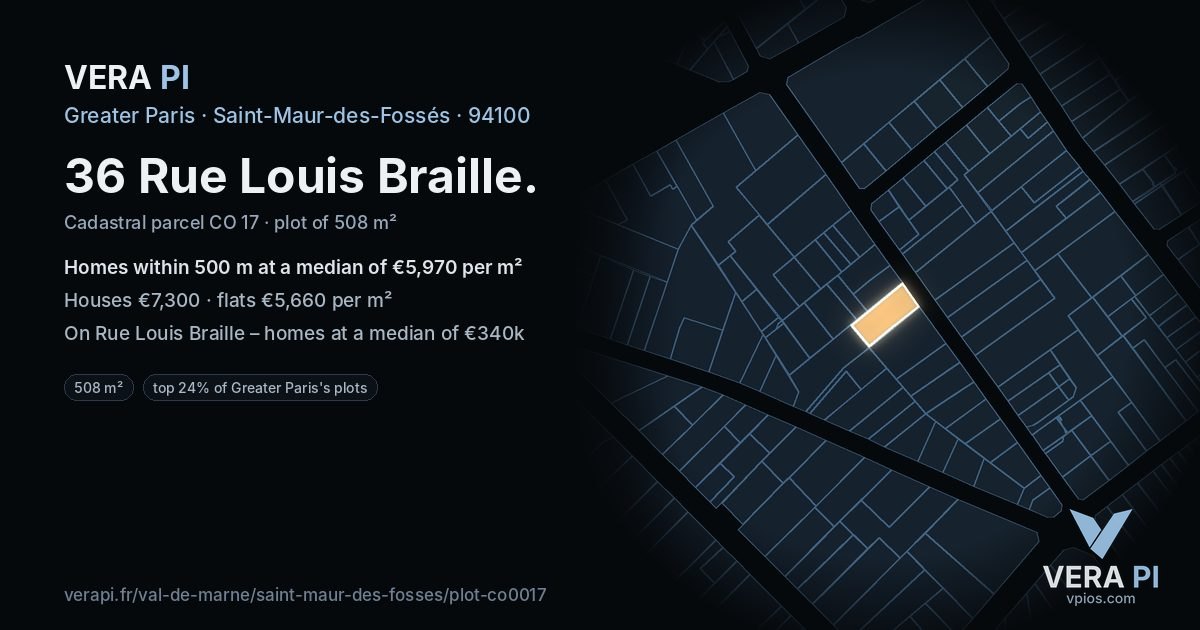 36 Rue Louis Braille, Saint-Maur-des-Fossés at night – the plot lit, the parcels around coloured by the prices near them