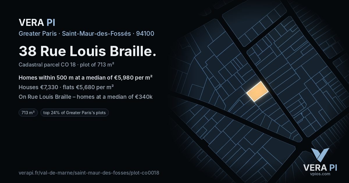 38 Rue Louis Braille, Saint-Maur-des-Fossés at night – the plot lit, the parcels around coloured by the prices near them