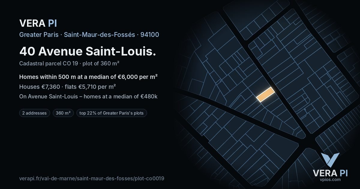 40 Avenue Saint-Louis, Saint-Maur-des-Fossés at night – the plot lit, the parcels around coloured by the prices near them