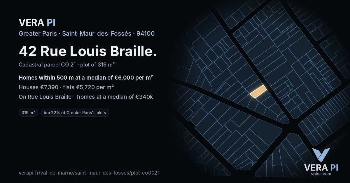 42 Rue Louis Braille, Saint-Maur-des-Fossés at night – the plot lit, the parcels around coloured by the prices near them