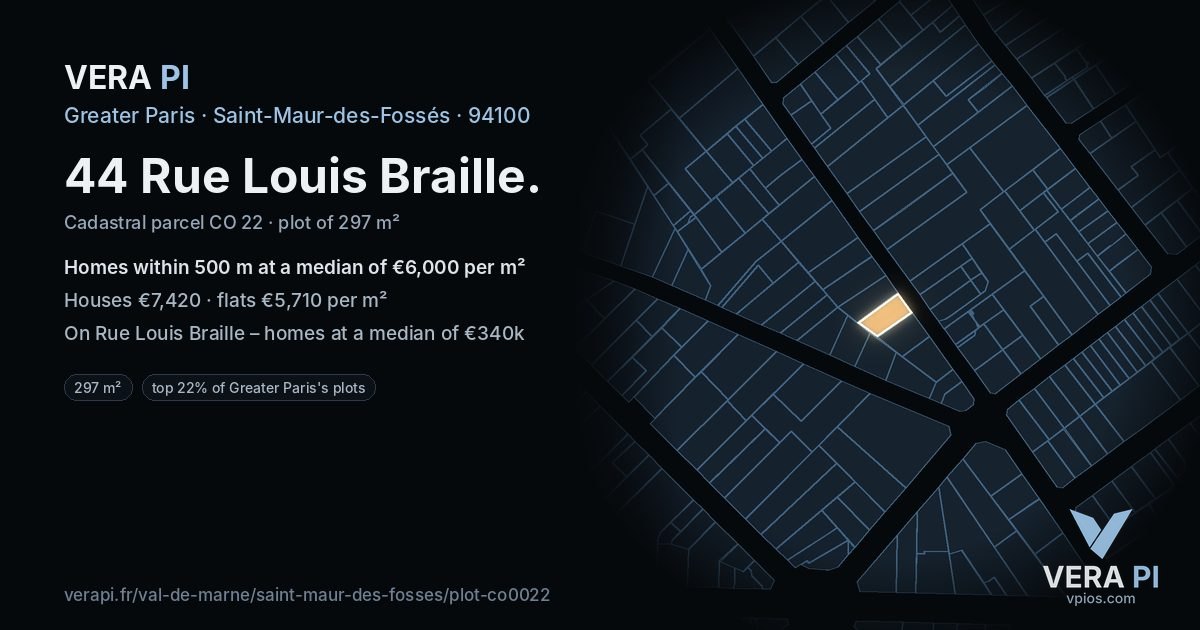 44 Rue Louis Braille, Saint-Maur-des-Fossés at night – the plot lit, the parcels around coloured by the prices near them