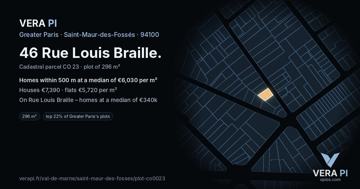 46 Rue Louis Braille, Saint-Maur-des-Fossés at night – the plot lit, the parcels around coloured by the prices near them