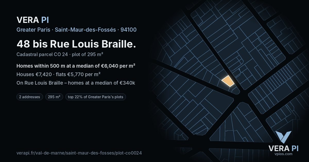 48 bis Rue Louis Braille, Saint-Maur-des-Fossés at night – the plot lit, the parcels around coloured by the prices near them