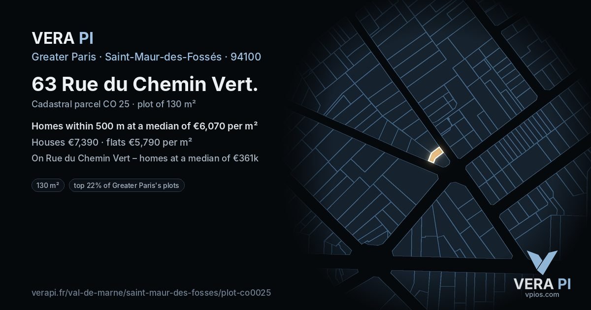 63 Rue du Chemin Vert, Saint-Maur-des-Fossés at night – the plot lit, the parcels around coloured by the prices near them