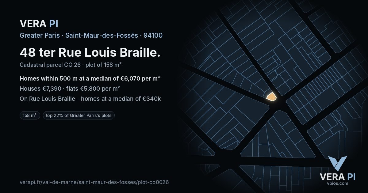 48 ter Rue Louis Braille, Saint-Maur-des-Fossés at night – the plot lit, the parcels around coloured by the prices near them