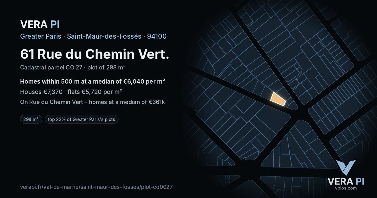 61 Rue du Chemin Vert, Saint-Maur-des-Fossés at night – the plot lit, the parcels around coloured by the prices near them