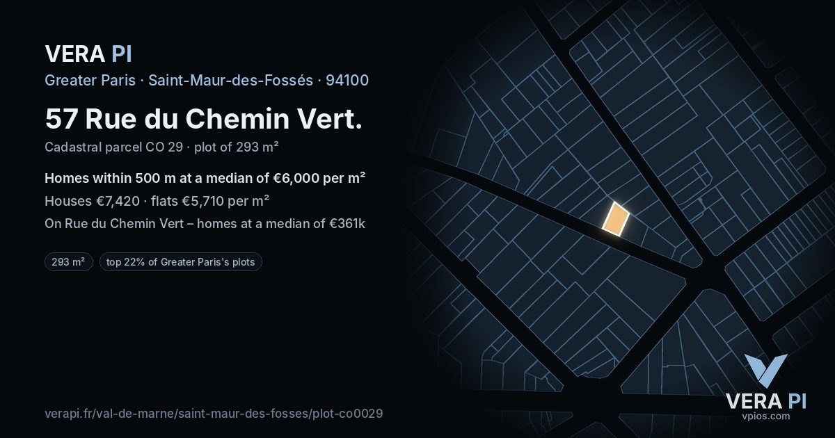 57 Rue du Chemin Vert, Saint-Maur-des-Fossés at night – the plot lit, the parcels around coloured by the prices near them