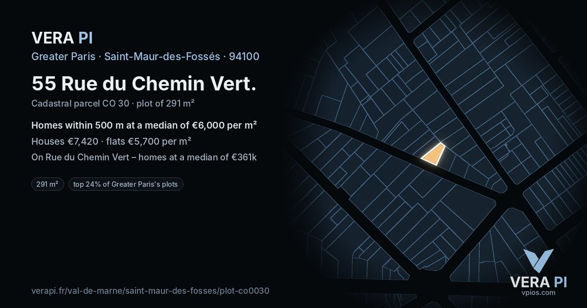 55 Rue du Chemin Vert, Saint-Maur-des-Fossés at night – the plot lit, the parcels around coloured by the prices near them