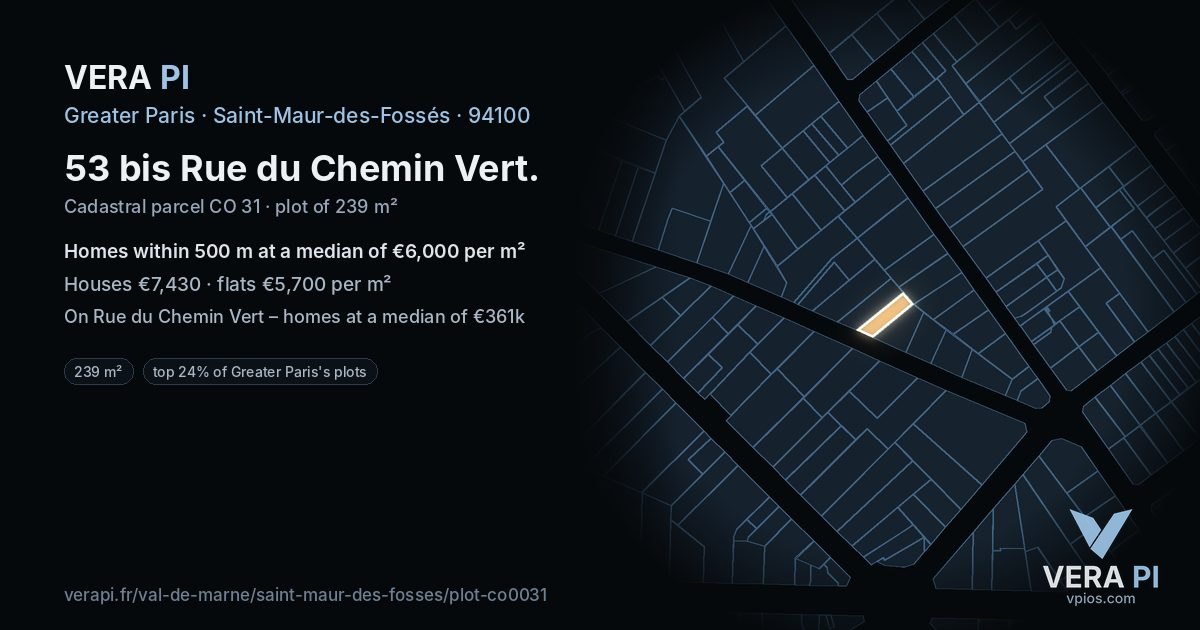 53 bis Rue du Chemin Vert, Saint-Maur-des-Fossés at night – the plot lit, the parcels around coloured by the prices near them