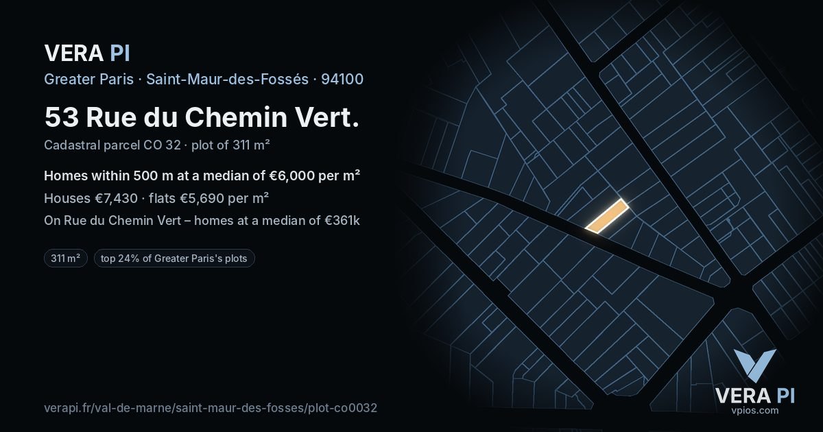 53 Rue du Chemin Vert, Saint-Maur-des-Fossés at night – the plot lit, the parcels around coloured by the prices near them
