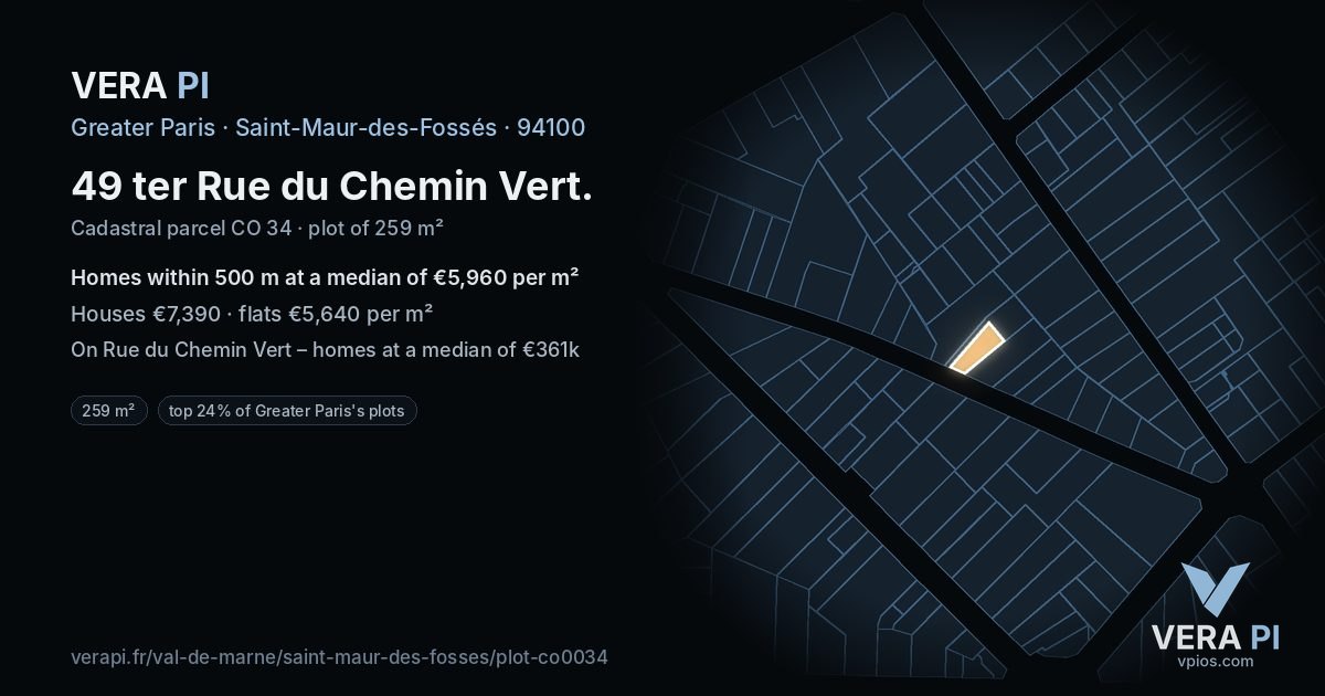 49 ter Rue du Chemin Vert, Saint-Maur-des-Fossés at night – the plot lit, the parcels around coloured by the prices near them