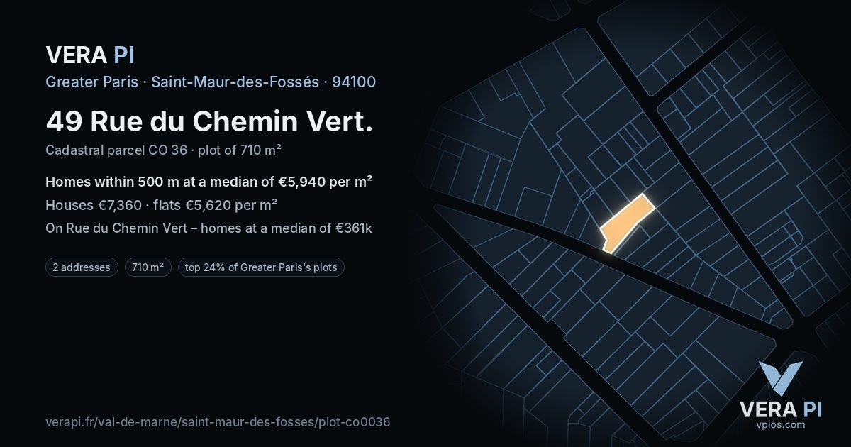 49 Rue du Chemin Vert, Saint-Maur-des-Fossés at night – the plot lit, the parcels around coloured by the prices near them