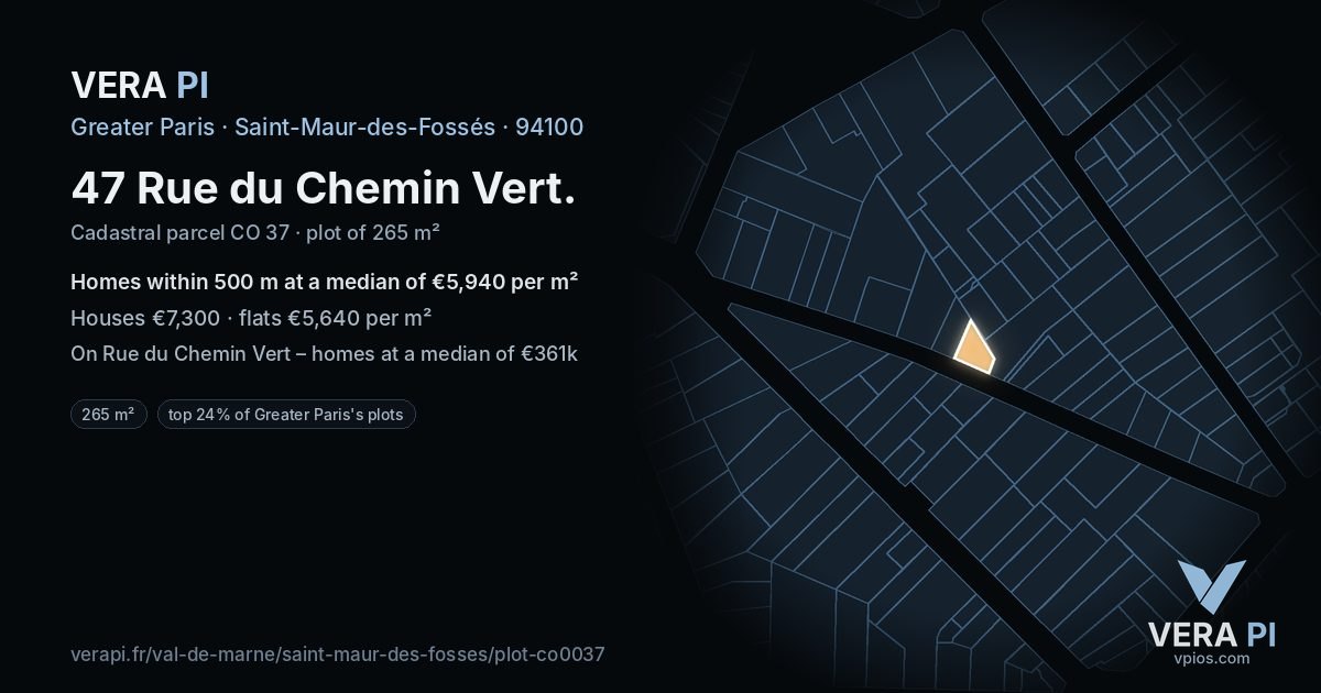 47 Rue du Chemin Vert, Saint-Maur-des-Fossés at night – the plot lit, the parcels around coloured by the prices near them