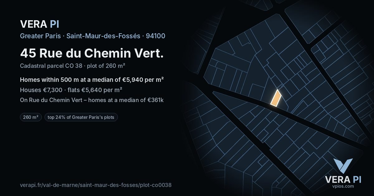 45 Rue du Chemin Vert, Saint-Maur-des-Fossés at night – the plot lit, the parcels around coloured by the prices near them