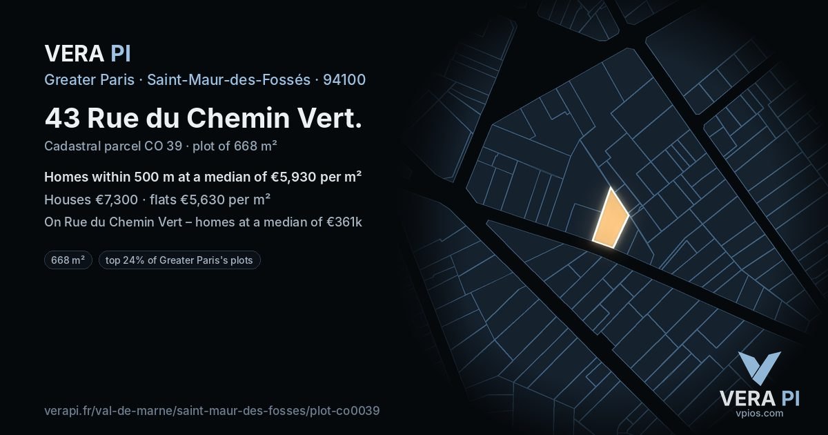 43 Rue du Chemin Vert, Saint-Maur-des-Fossés at night – the plot lit, the parcels around coloured by the prices near them