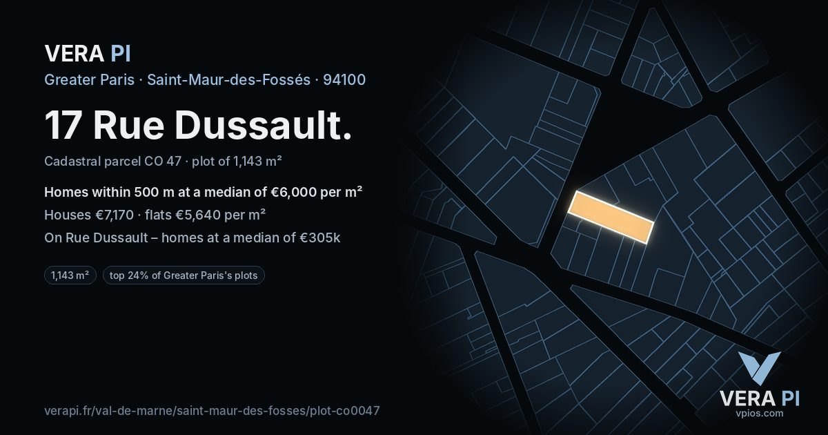 17 Rue Dussault, Saint-Maur-des-Fossés at night – the plot lit, the parcels around coloured by the prices near them
