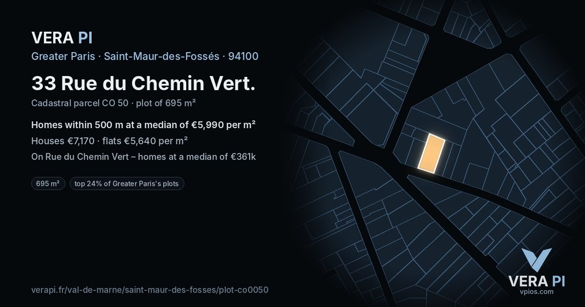 33 Rue du Chemin Vert, Saint-Maur-des-Fossés at night – the plot lit, the parcels around coloured by the prices near them