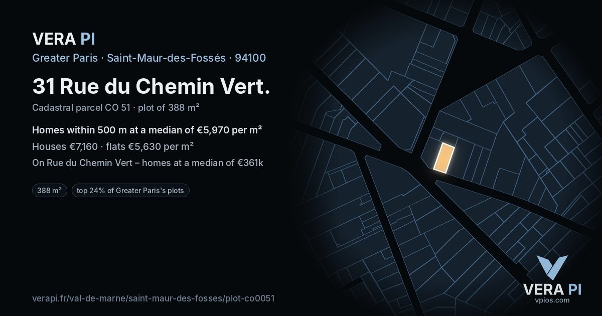 31 Rue du Chemin Vert, Saint-Maur-des-Fossés at night – the plot lit, the parcels around coloured by the prices near them