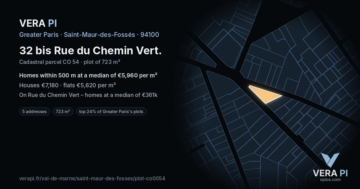 32 bis Rue du Chemin Vert, Saint-Maur-des-Fossés at night – the plot lit, the parcels around coloured by the prices near them
